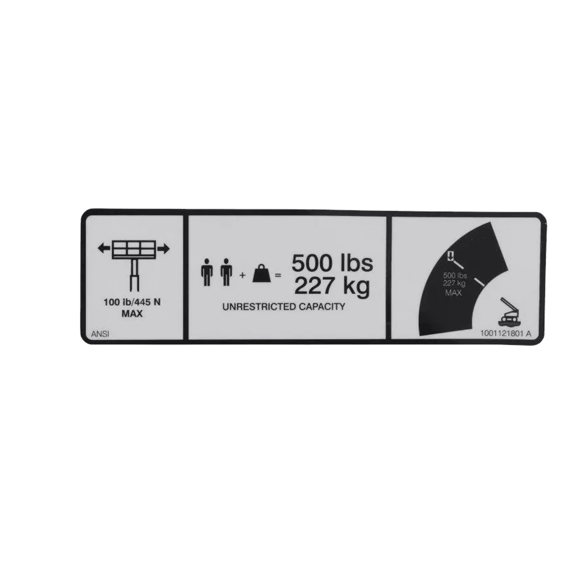 JLG Decal, Max Cap. 500Lbs/227Kg 1001121801 | JLG Parts Catalog