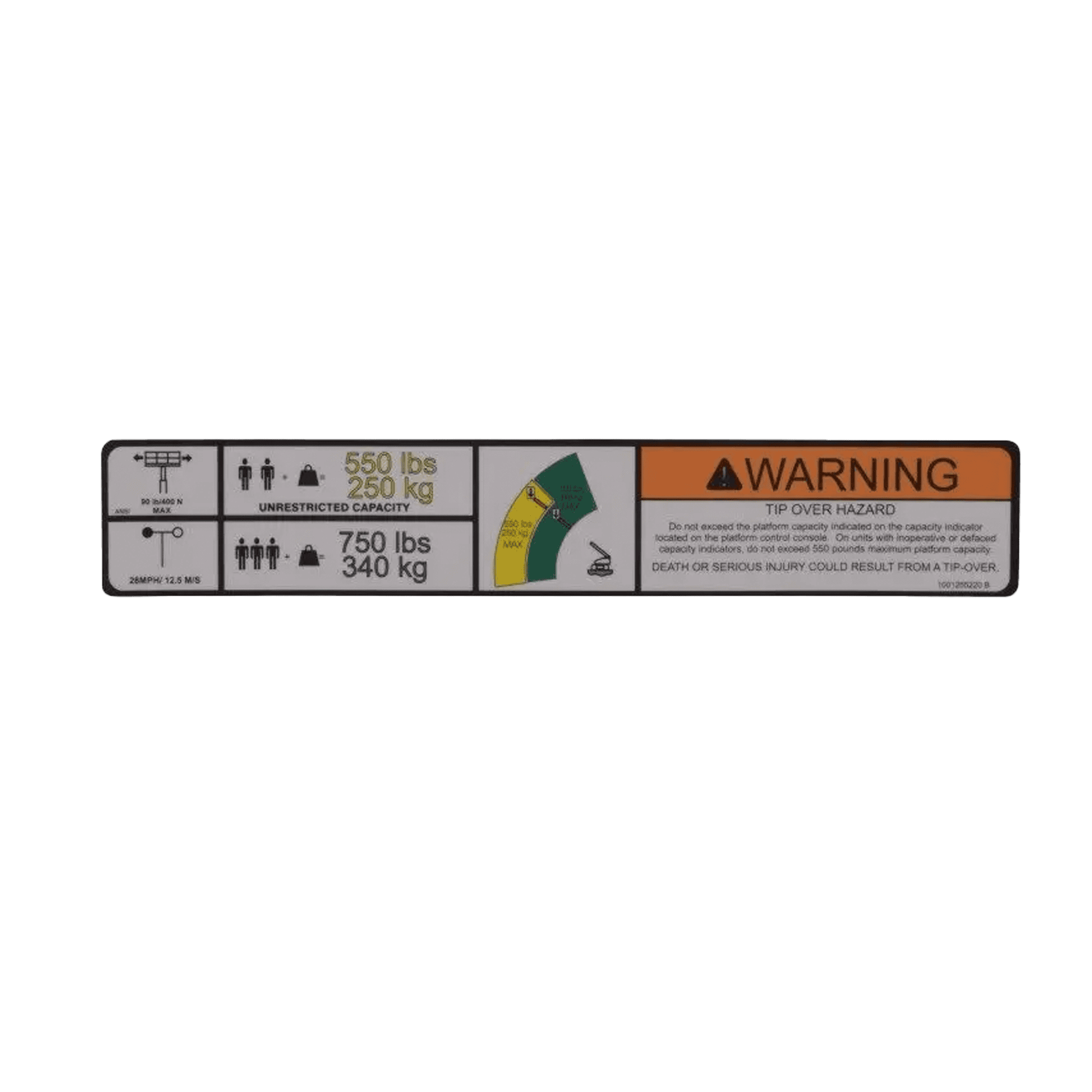 JLG Warning Dual Cap. Decal 1001255220 | JLG Parts Catalog