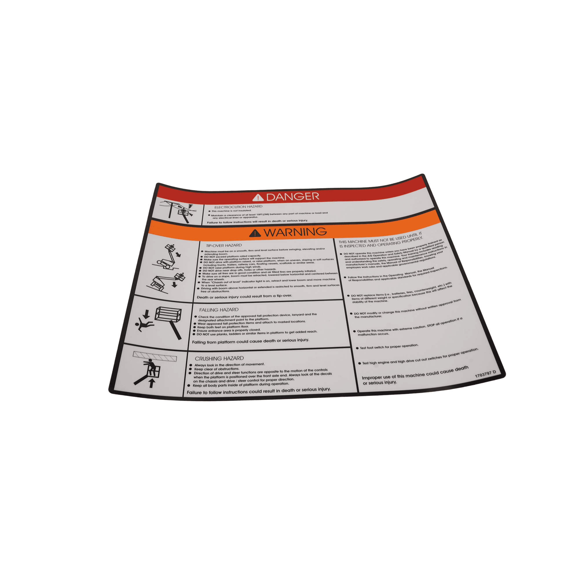 JLG Warning/Danger Plat Decal 1703797 | JLG Parts Catalog