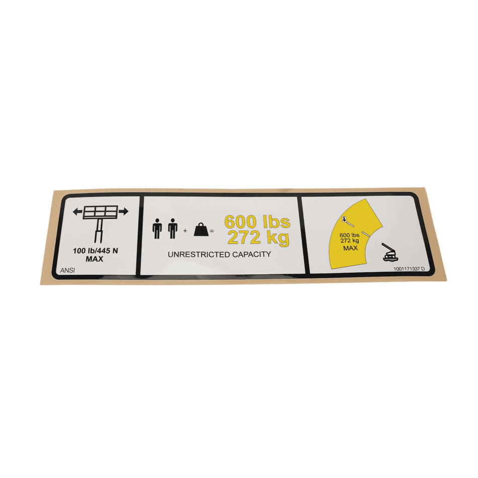 JLG ANSI Warning Max Cap Decal 1001171337