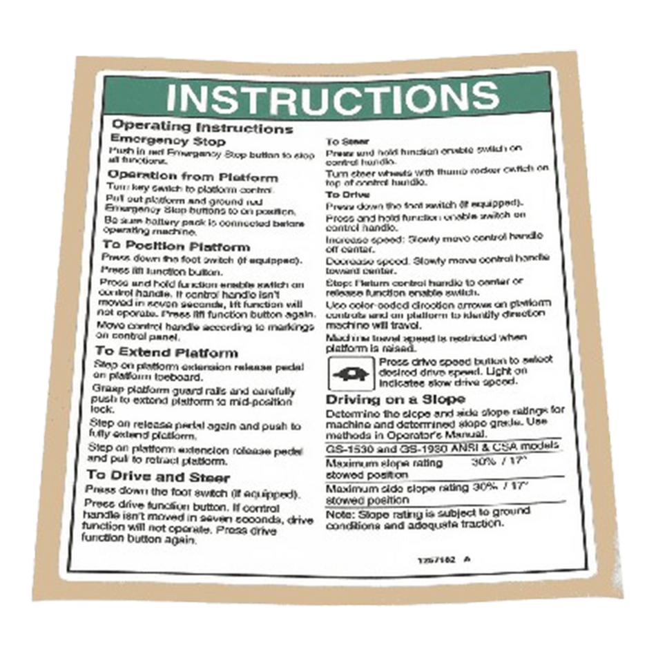 Genie Operating Instruction Decal, PLAT GS30 ANSI 1257182GT
