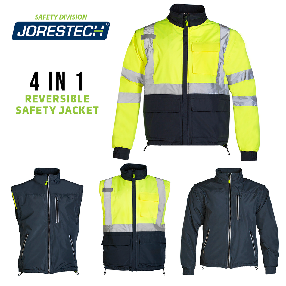 Jorestech 4 in 1 Hi-Vis Reversible Safety Jacket with Removable Sleeves