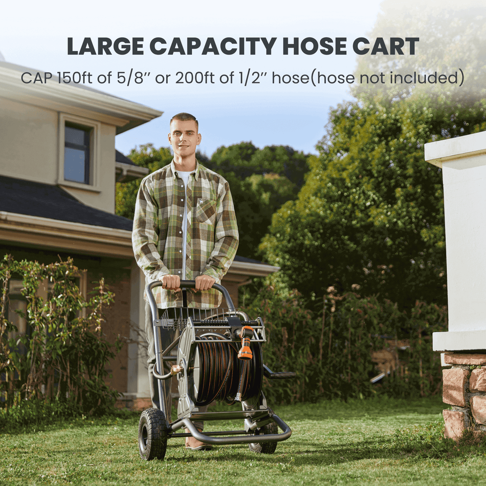 Giraffe Tools Hose Reel Cart-2 Wheels-Stainless Steel-Heavy Duty