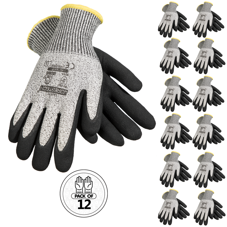 Jorestech Cut-Resistant Safety Work Gloves with Sandy Nitrile Dipped Palms - Pack of 12