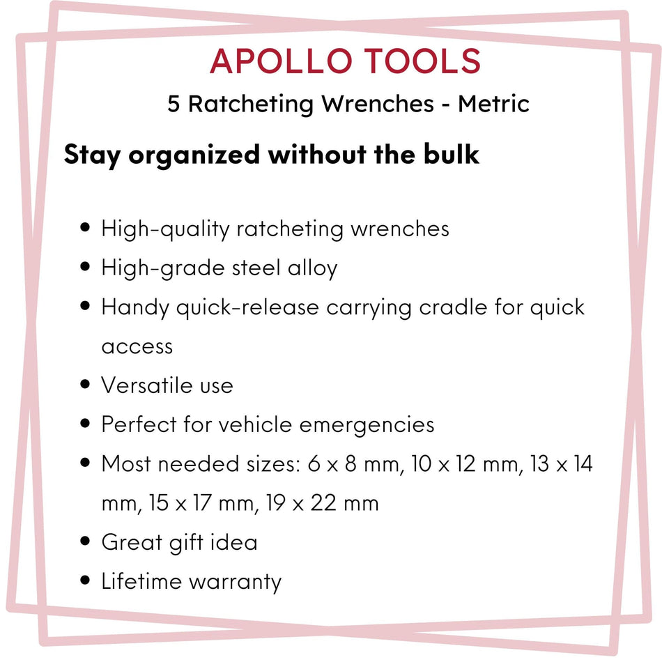 Apollo Tools 5 Ratcheting Wrenches - Metric - DT1213
