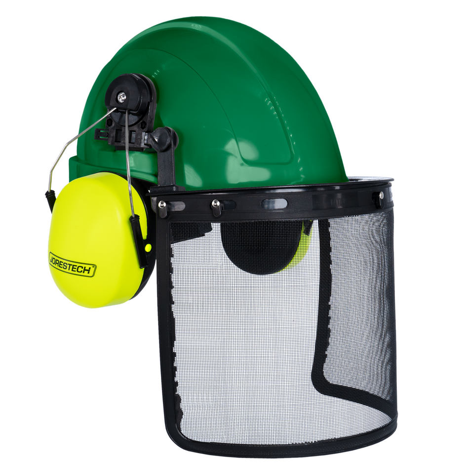 Jorestech Safety Cap-Style Helmet System with Iron Mesh Face Shield and Earmuffs Lime