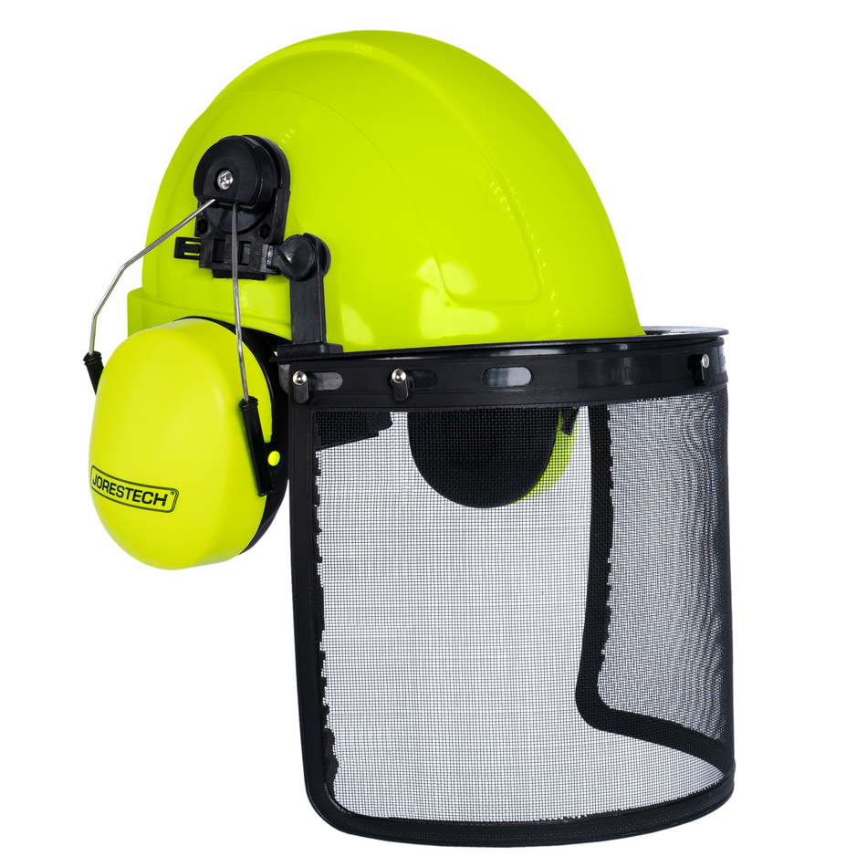 Jorestech Safety Cap-Style Helmet System with Iron Mesh Face Shield and Earmuffs Lime