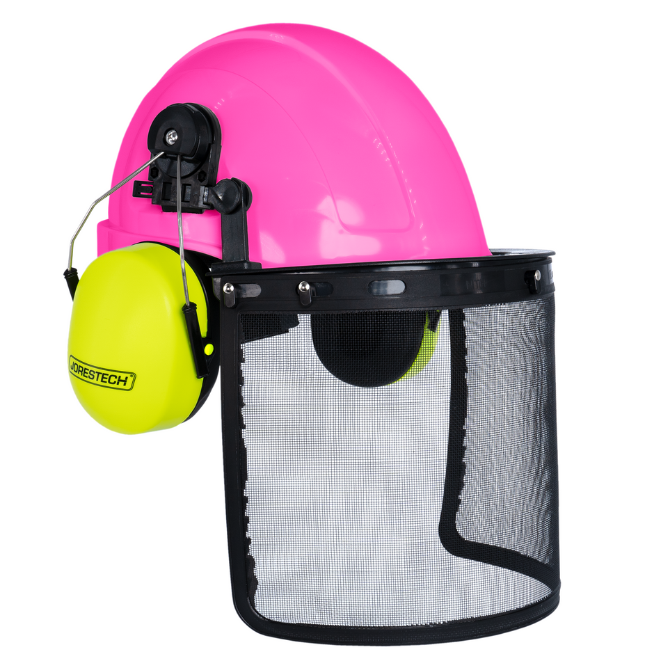 Jorestech Safety Cap-Style Helmet System with Iron Mesh Face Shield and Earmuffs Lime