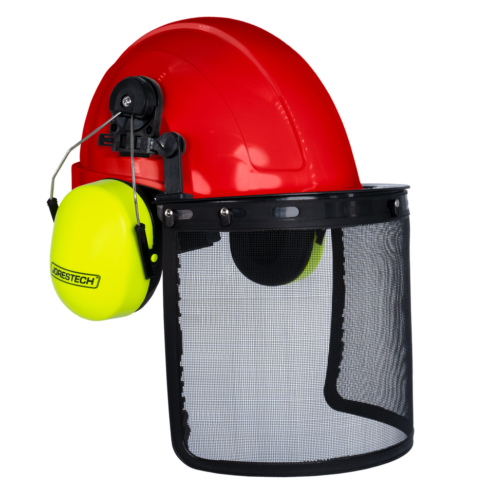Jorestech Safety Cap-Style Helmet System with Iron Mesh Face Shield and Earmuffs Lime