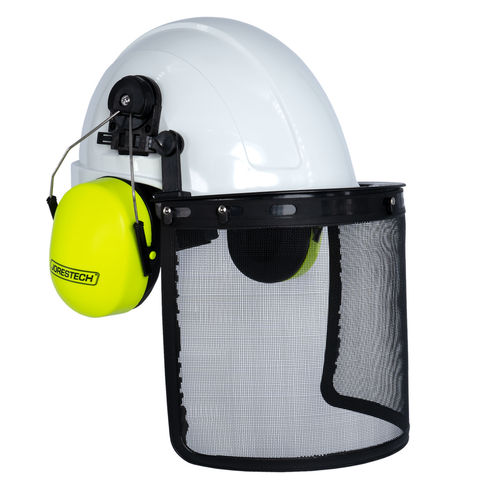 Jorestech Safety Cap-Style Helmet System with Iron Mesh Face Shield and Earmuffs Lime