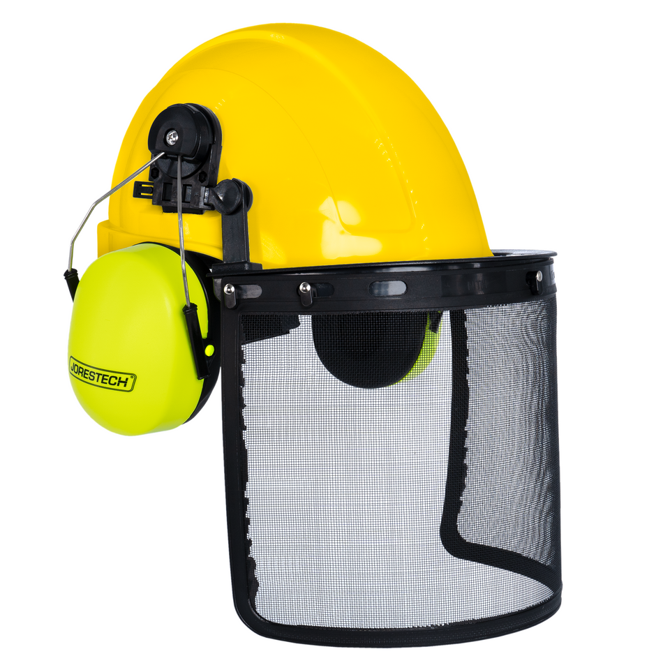 Jorestech Safety Cap-Style Helmet System with Iron Mesh Face Shield and Earmuffs Lime