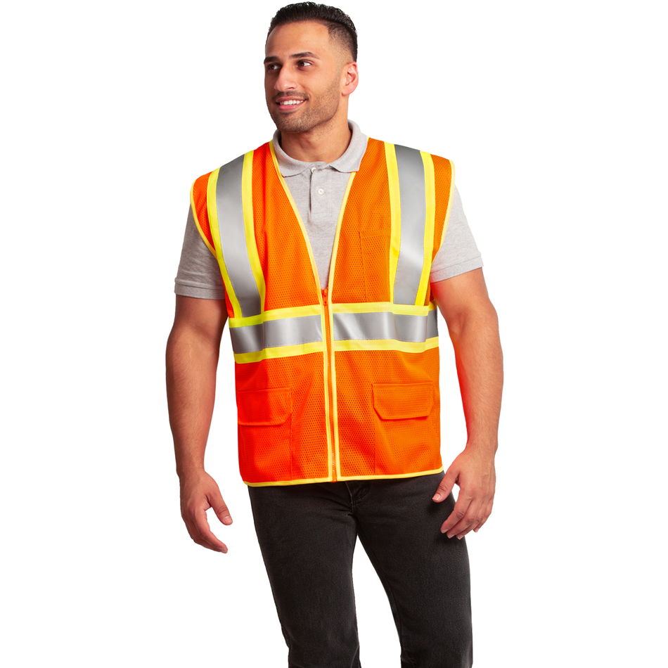 Jorestech Printed Hi-Vis Two Toned Mesh Safety Vest with 2” Reflective Strips and Pockets - Orange