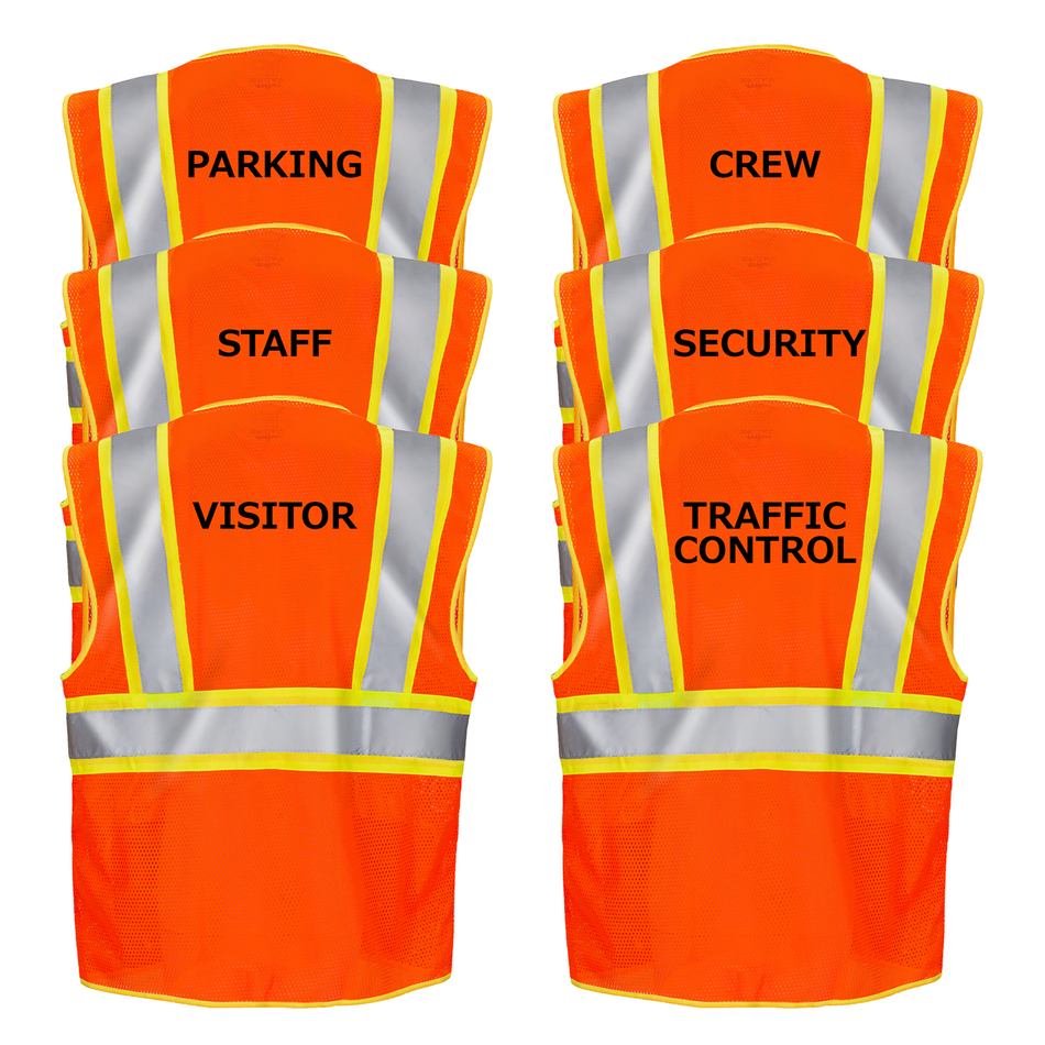 Jorestech Printed Hi-Vis Two Toned Mesh Safety Vest with 2” Reflective Strips and Pockets - Orange