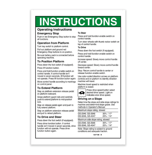 Decal - Operating Instructions, GS46 ANSI 1257188GT