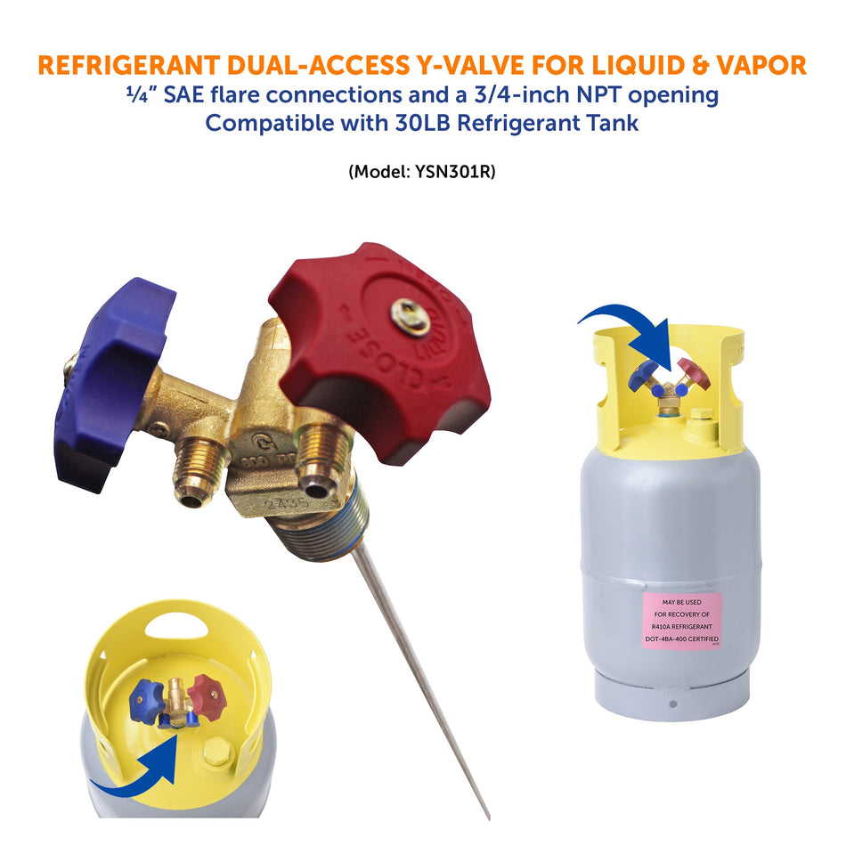 Flame King Y-Valve w/Aluminum Dip Tube & Filter for 30LB Refrigerant Tanks