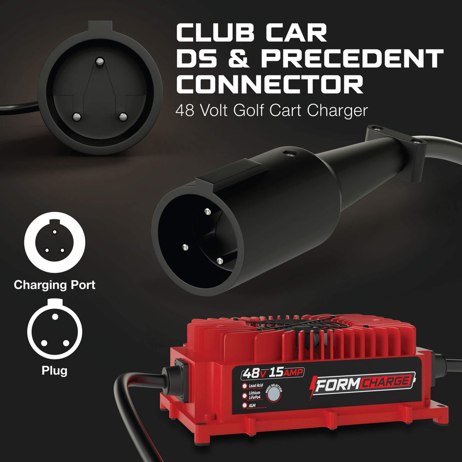 FORM Charge Club Car 48V Golf Cart Charger - Precedent & DS - 48V 15A Lithium, LiFePO4, Lead Acid, AGM