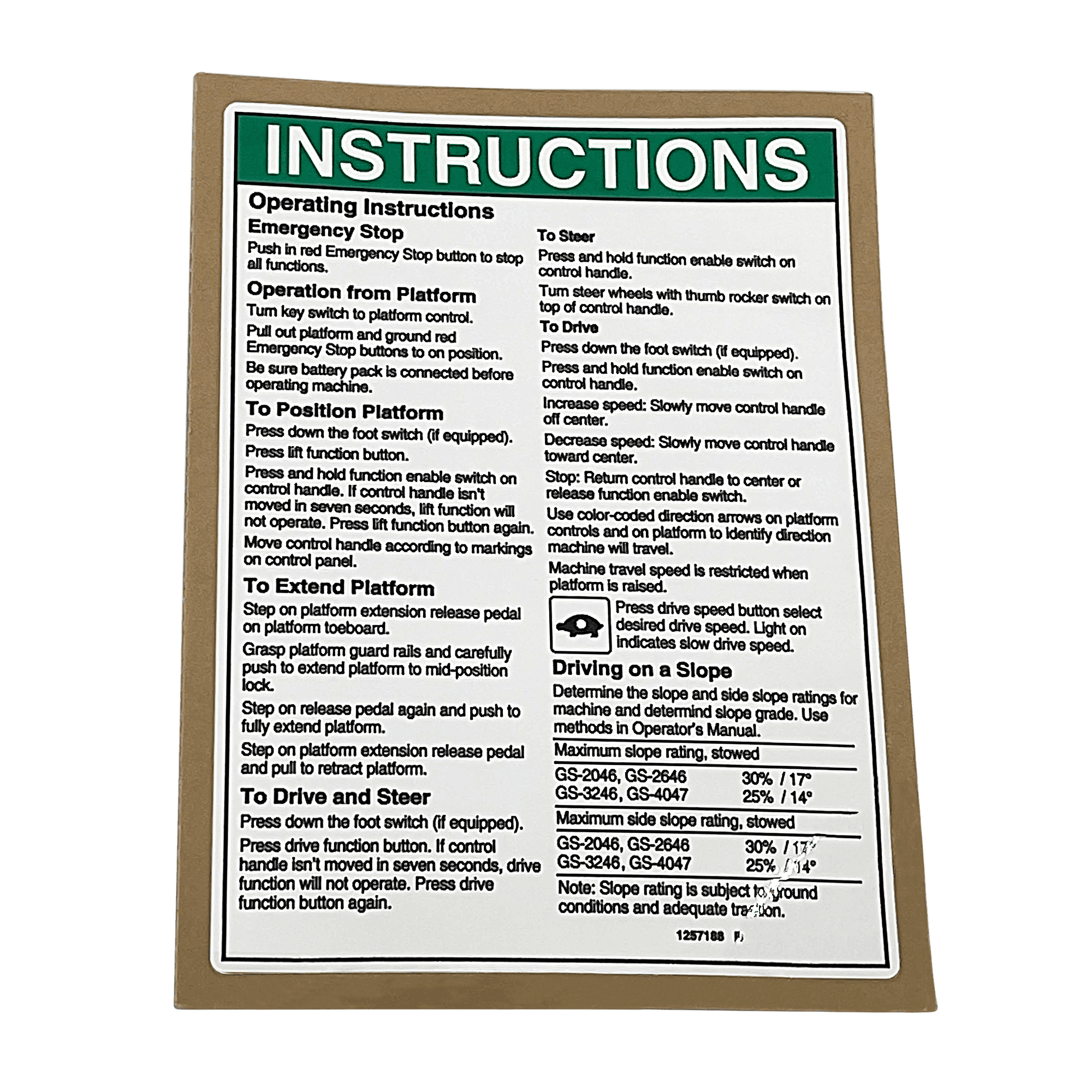 Genie Decal, Op Inst, Plat, Gs46 Ansi 1257188GT - MPN: 1257188