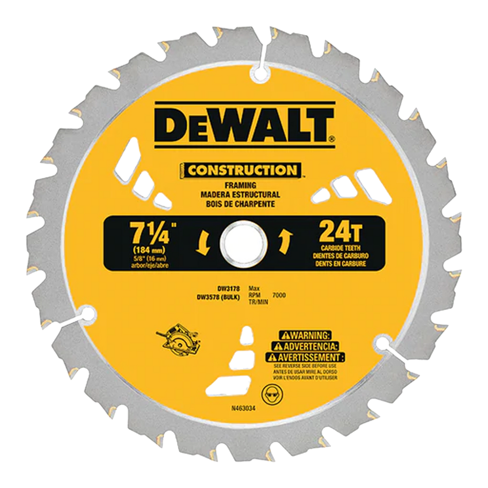 DEWALT 7-1/4" 24T Carbide Thin Kerf Framing Circular Saw Blade (DW3178)