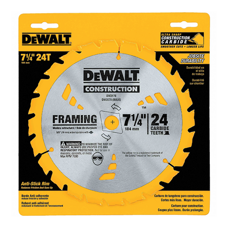 DEWALT 7-1/4 Inch 24T Carbide Thin Kerf Framing Circular Saw Blade Packaging