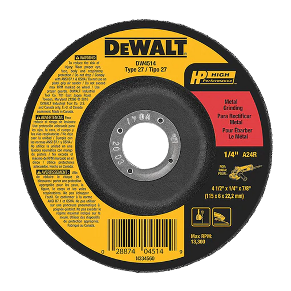 DEWALT DW4514 Z Type 27 HP Metal Grinding Wheel, 4-1/2" x 1/4" x 7/8"