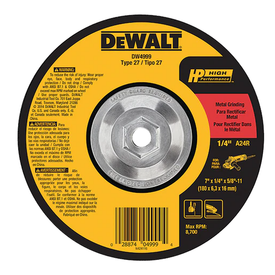 DEWALT DW4999 Type 27 HP Metal Grinding Wheel, 7" x 1/4" x 5/8"-11
