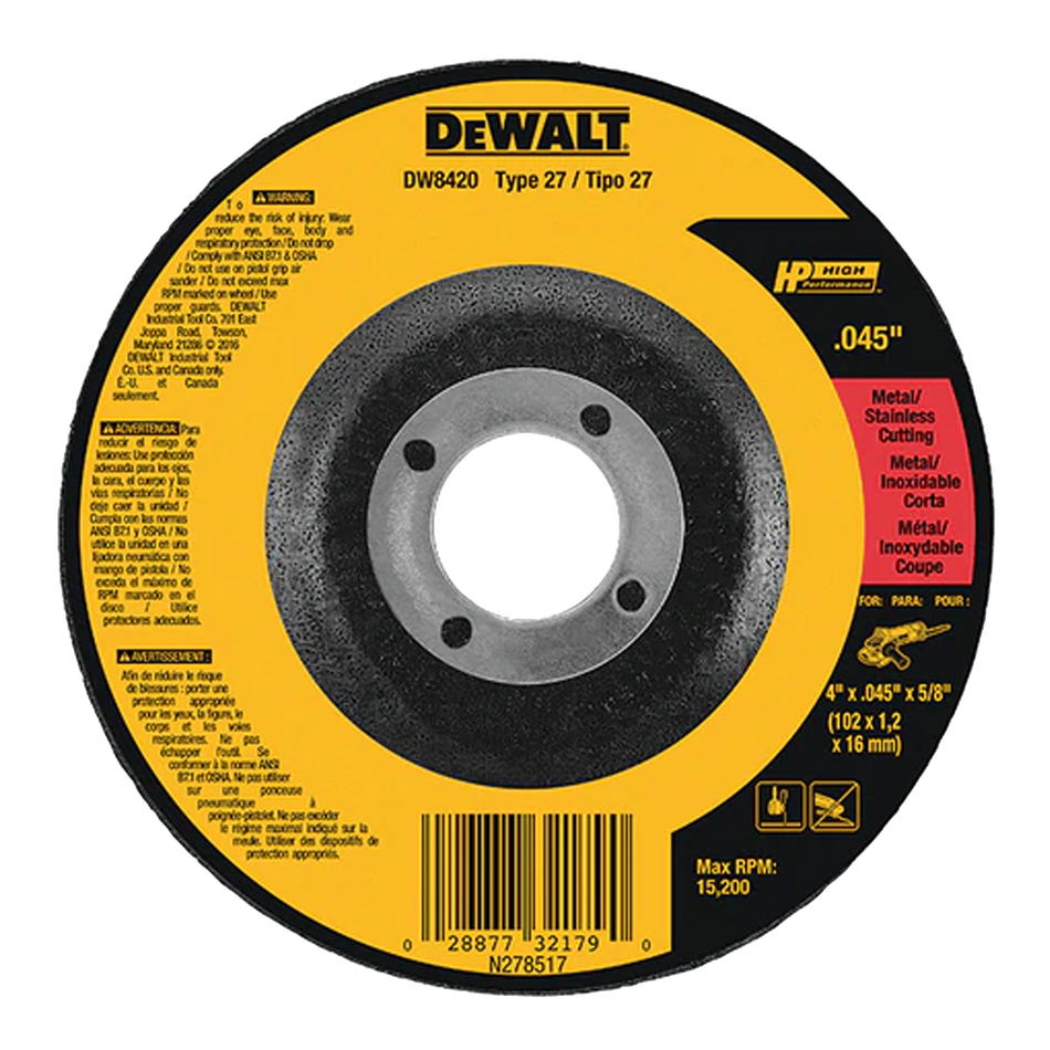 DEWALT DW8424H Type 27 HP Metal Cutting Wheel, 4-1/2" x .045" x 5/8"-11