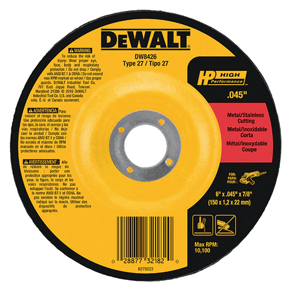 DEWALT DW8426 Type 27 Metal Cutting Wheel, 6" x .045" x 7/8"