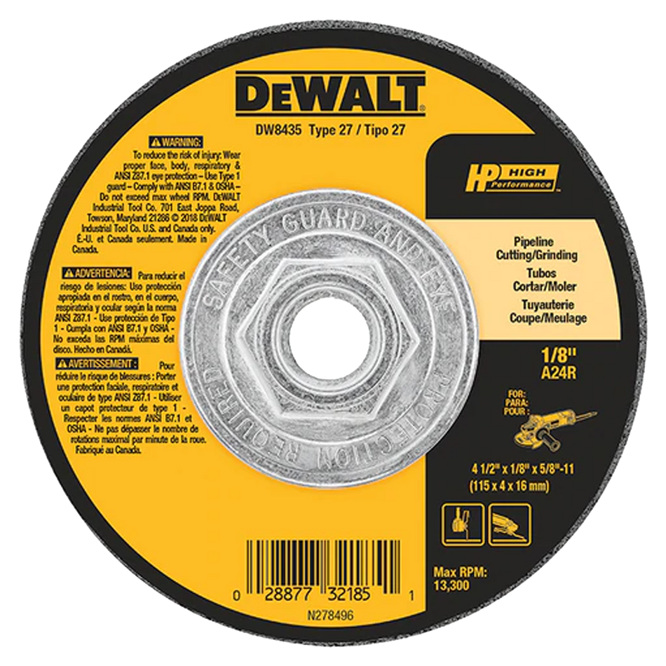 Dewalt 4-1/2 X1/8 X5/8"-11 Pipeliner Cut Grinding Wheel DW8435