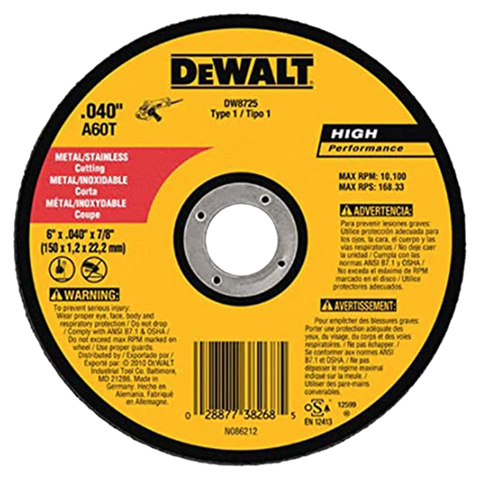 DEWALT DW8725S Type 1 Cfree Thin Cutoff Wheel, 6" x .040" x 7/8