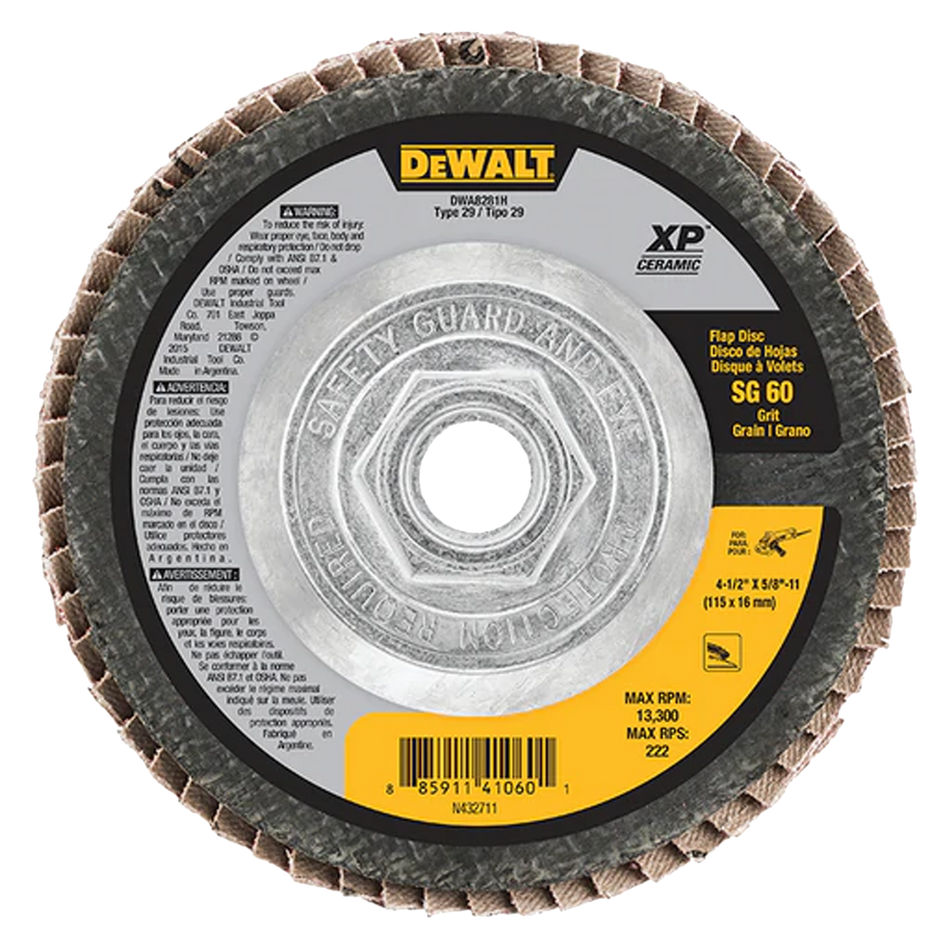 DEWALT DWA8281H Type 29 60 grit XP Ceramic Flap Disc, 4-1/2" x 5/8"-11