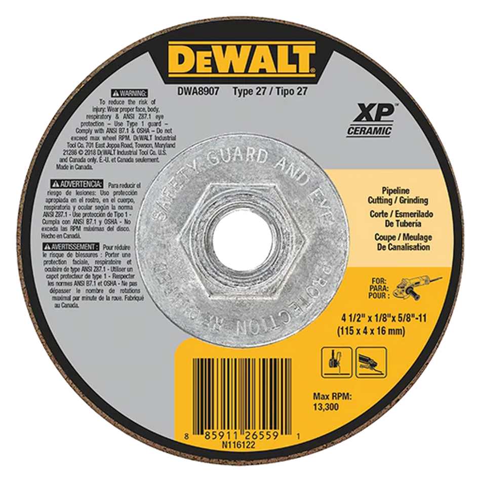 DEWALT DWA8907 Type 27 XP Ceramic Metal Grinding Wheel, 4-1/2" x 1/8" x 5/8"-11
