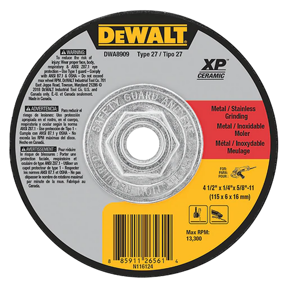 DEWALT DWA8909 Type 27 XP™ Ceramic Metal Grinding Wheels, 4-1/2" x 1/4" x 5/8"-11