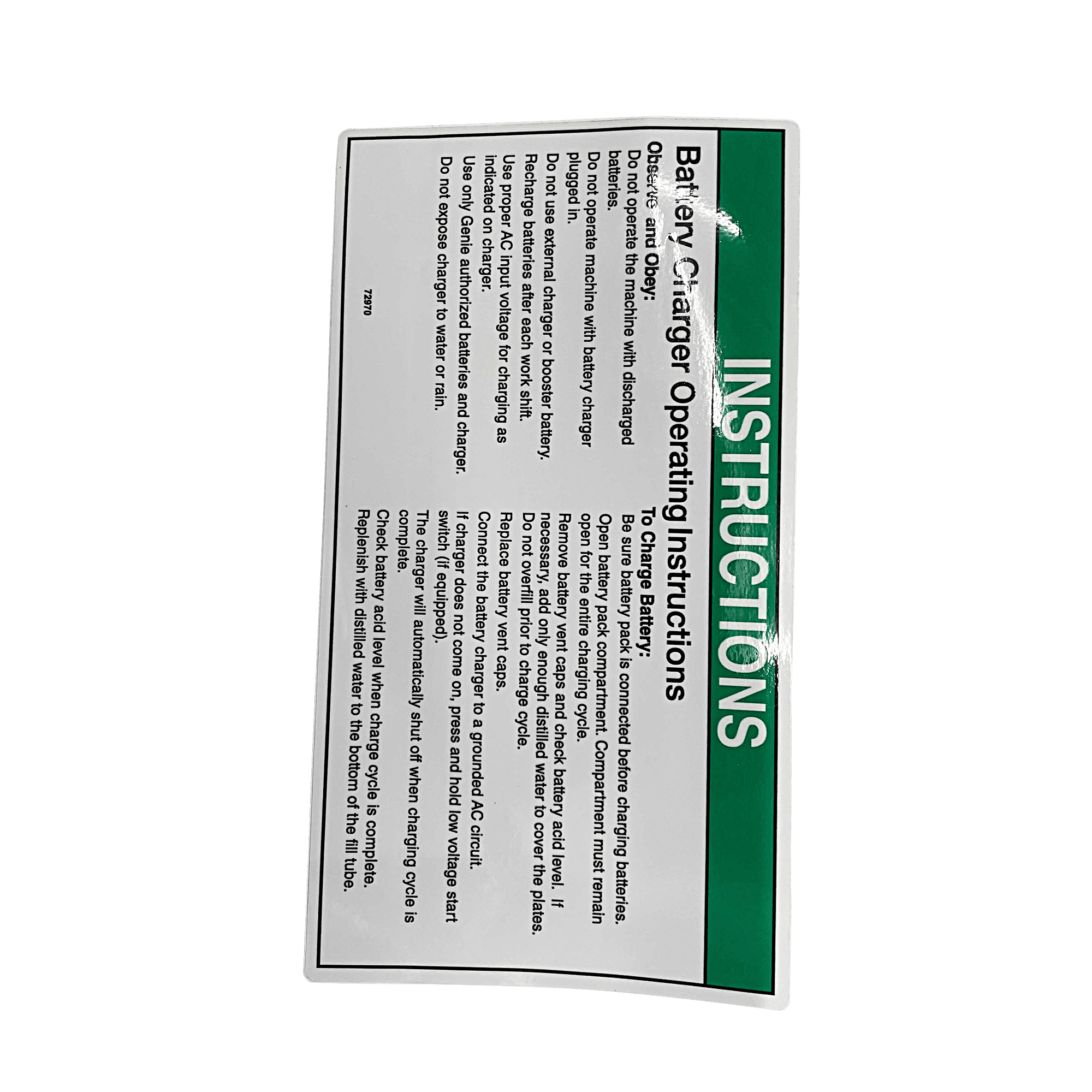 TVH Decal Notice Charger Instructions TSA/GN72970GT - MPN: 72970